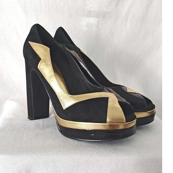Jeffrey Campbell Shoes - Jeffrey Campbell Bad Girl Platform Pumps Black Gold Metallic Peep Toe Heel 9